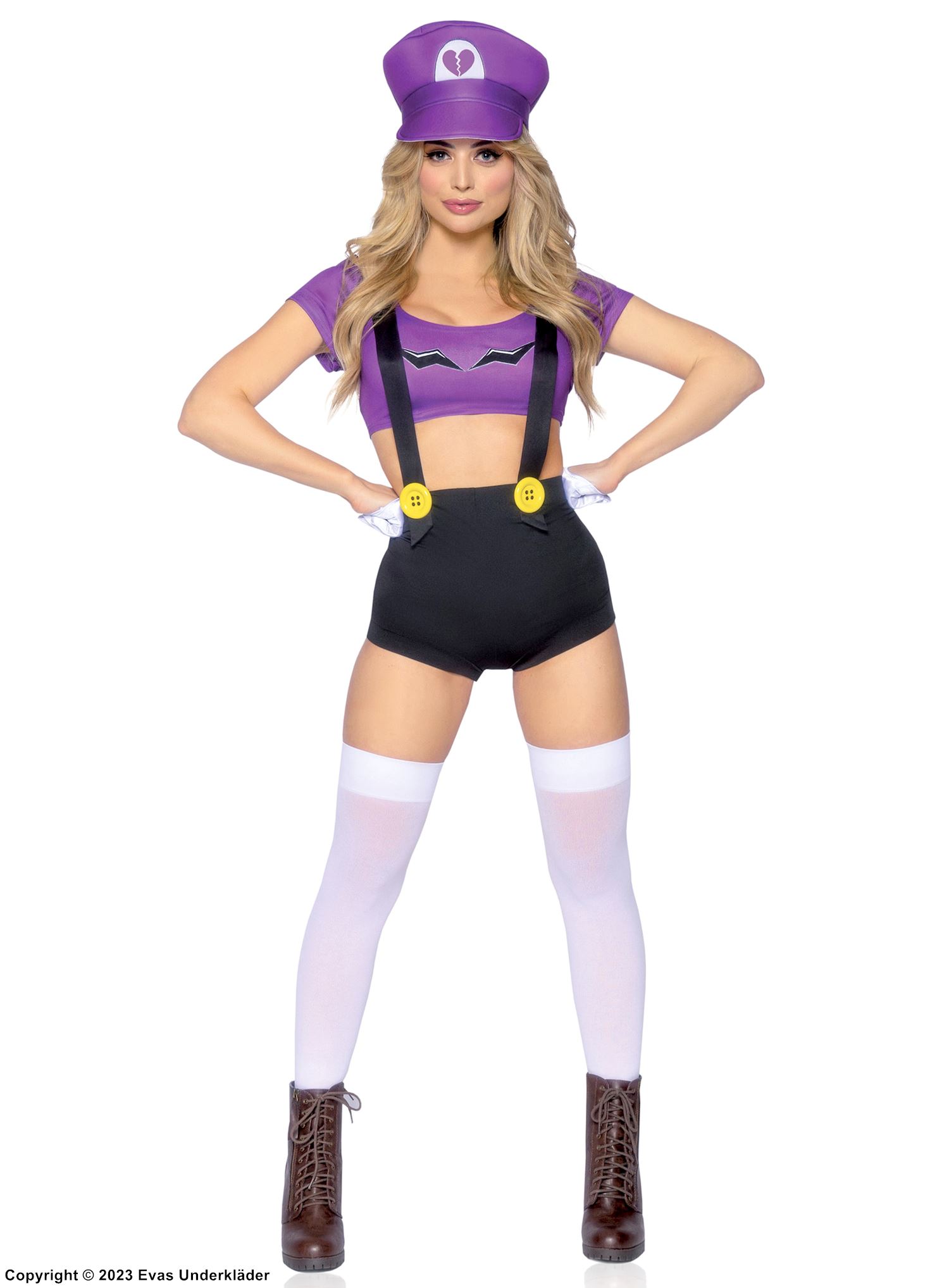 Female Warrio from Super Mario Bros, top and shorts costume, crossing straps, buttons, star, mustache